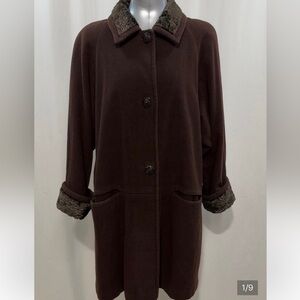Vintage Chocolate Brown wool blend pea coat Faux-Fur Trim Trench Coat